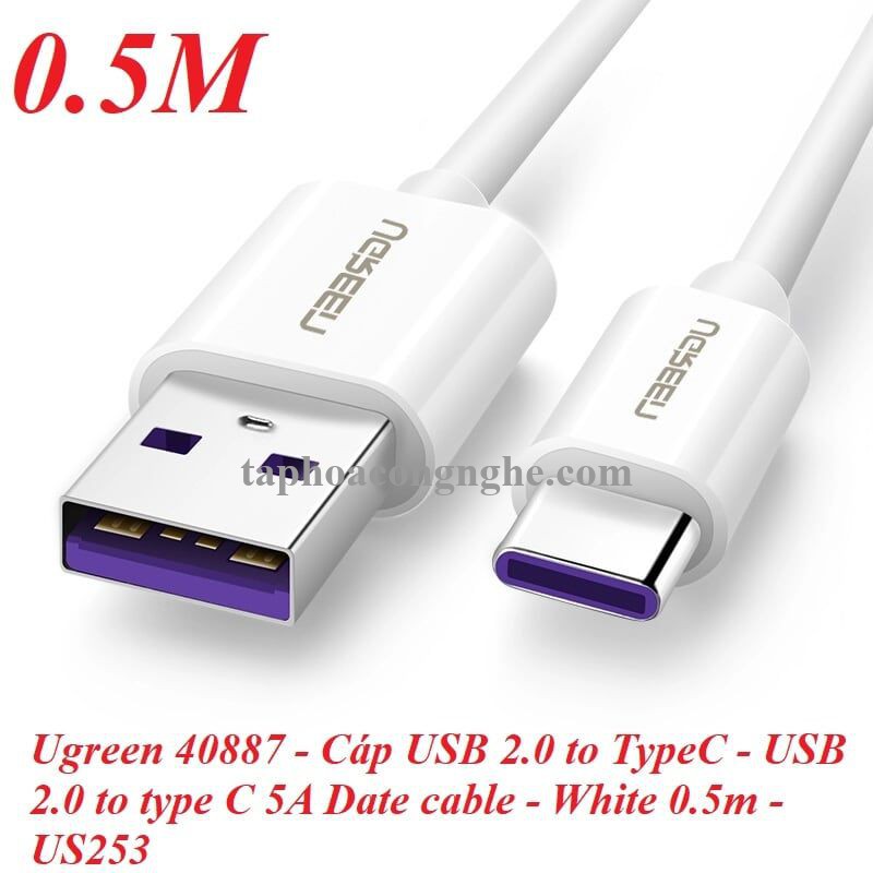 Ugreen 40887 0.5M 5A màu Trắng Dây USB sang USB Type-C vỏ ABS US253 30040887